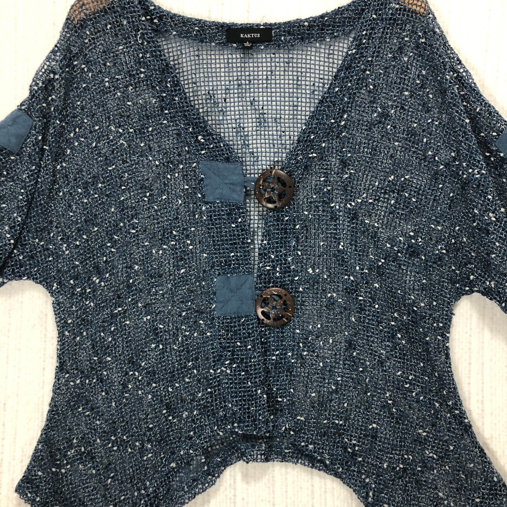 Kaktus Blue Open Knit Sharkbite Hem‎ Cardigan Sweater Womens Large Boho Mesh